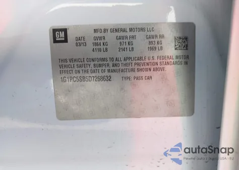 2013 Chevrolet Cruze 1Lt Auto из США, поврежденный, VIN 1G1PC5SB5D7268632